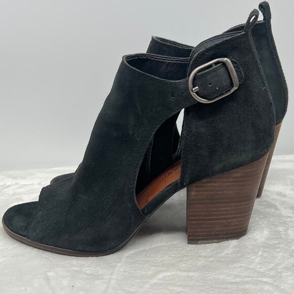 LUCKY BRAND Oona Black Suede Peep Toe  Booties 9M  Moto Nightout Office - Picture 3 of 8